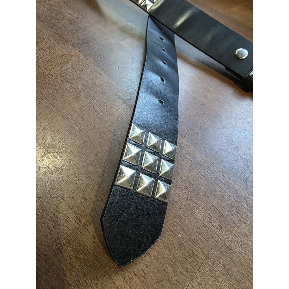 Y2K 3-Row Silver Pyramid Studded Black Faux Leather Belt Punk Emo Size L